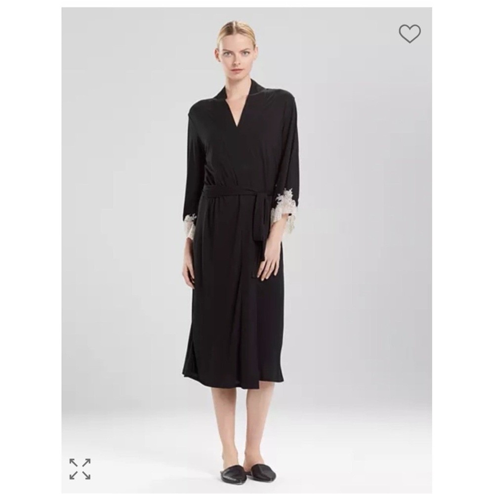 Natori Women Black Modal Lace Trim Bell Sleeve Long Robe Duster‎ Small